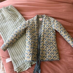 Victoria Dunn Olive Green and Blue Floral Quilted Jacket